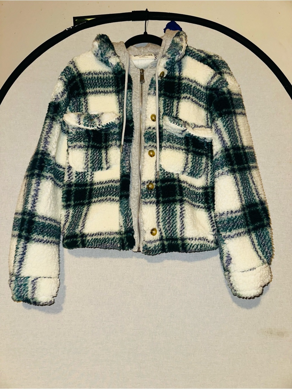 Plaid Sherpa Hooded Puffer Jacket for Kids - Green & White